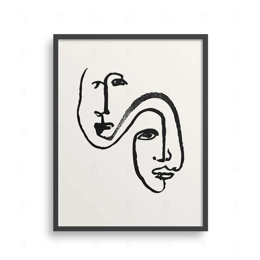 Plakat z abstrakcyjną grafiką przedstawiającą dwie twarze narysowane jedną, ciągłą, czarną linią na białym tle.