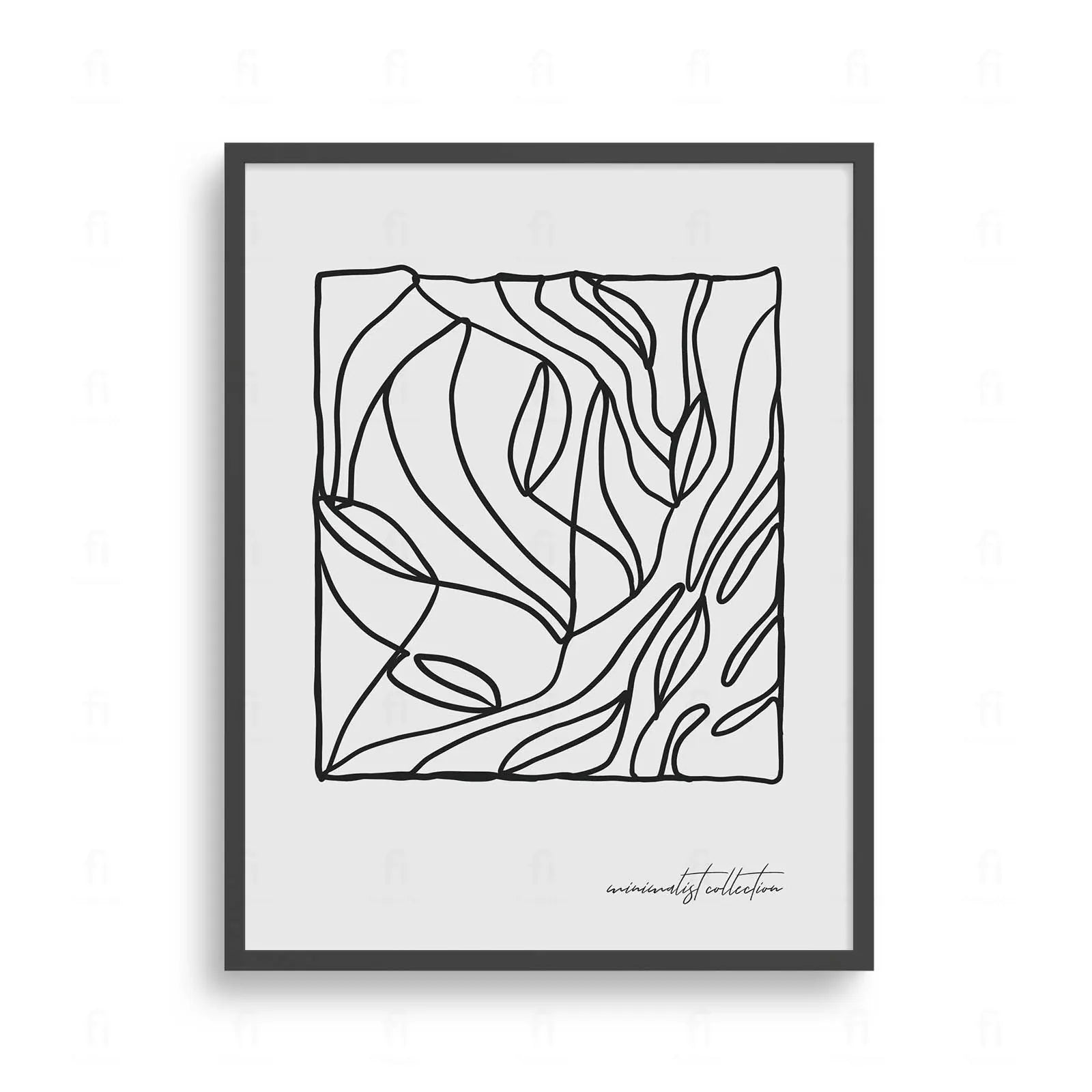 Plakat z czarno-białą grafiką line art przedstawiającą kompozycję liści na geometrycznej siatce.