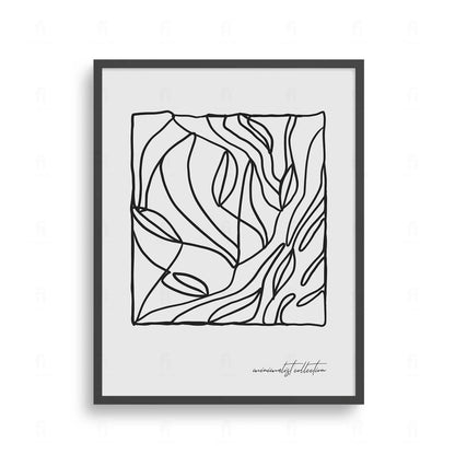 Plakat z czarno-białą grafiką line art przedstawiającą kompozycję liści na geometrycznej siatce.