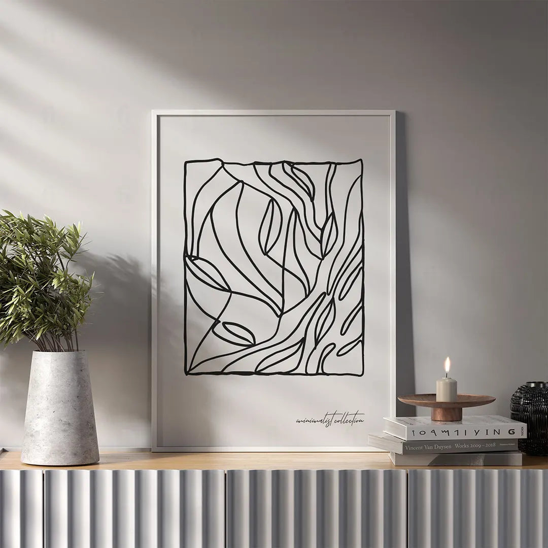 Plakat z czarno-białą grafiką line art przedstawiającą kompozycję liści na geometrycznej siatce w salonie