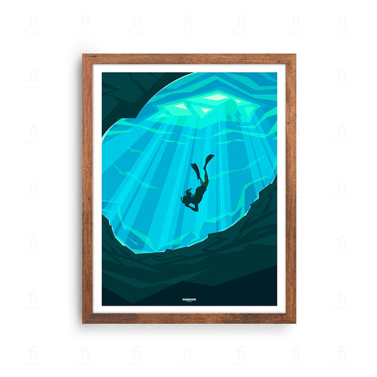 Plakat z artystyczną grafiką przedstawiającą podwodny świat rafy koralowej w Cancun, Meksyk.