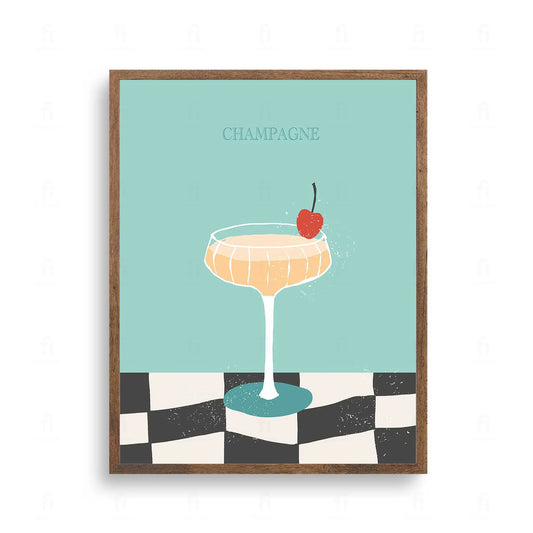 Plakat z elegancką grafiką przedstawiającą kieliszek szampana na niebieskim tle.
