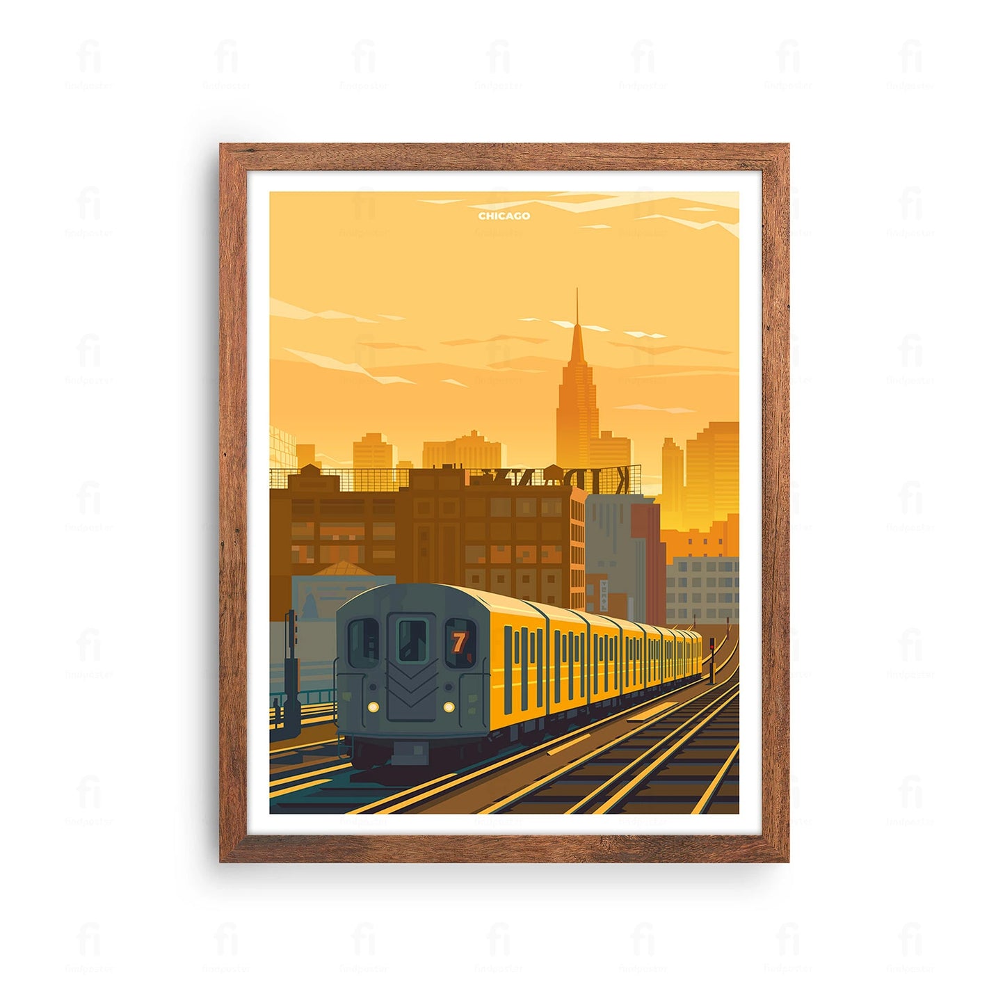  Plakat z artystyczną grafiką przedstawiającą panoramę wieżowców Chicago.
