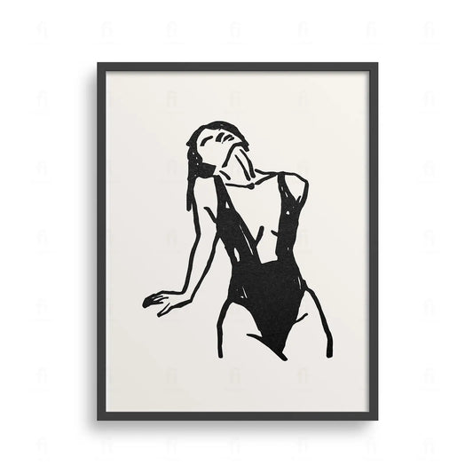 Plakat z czarno-białą grafiką przedstawiającą kobietę w kostiumie kąpielowym, w stylu retro.