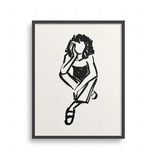 Plakat z czarno-białym szkicem liniowym przedstawiającym zamyśloną twarz kobiety.