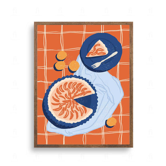 Plakat z apetyczną grafiką przedstawiającą kawałek ciasta z owocami 