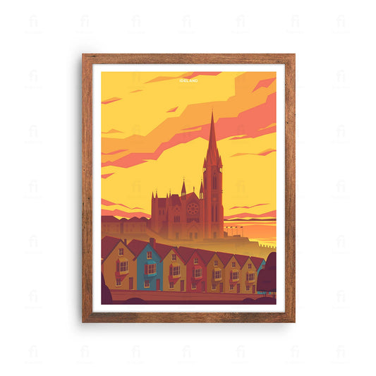 Plakat z artystyczną grafiką przedstawiającą kolorowe domy w miasteczku Cobh w Irlandii.