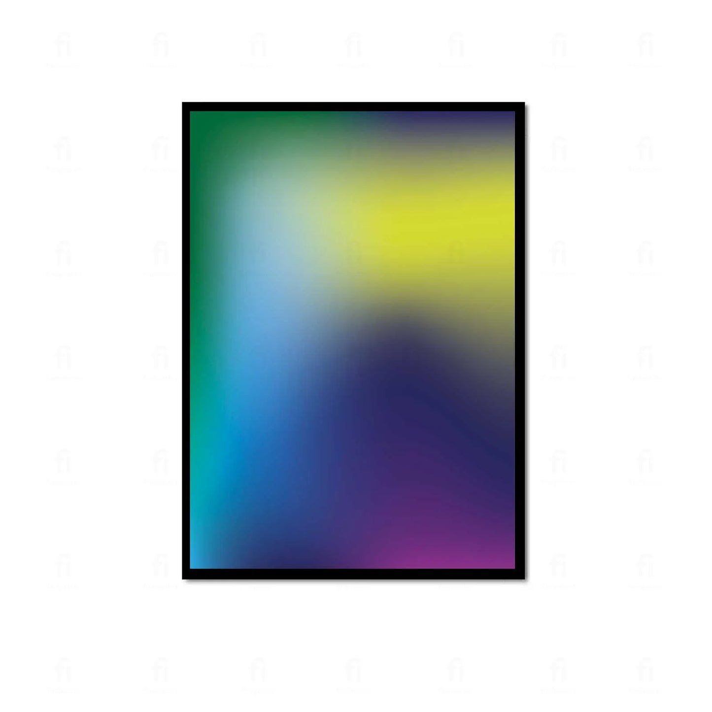 Plakat z abstrakcyjną grafiką przedstawiającą rozmytą, tęczową falę kolorów w formie gradientu.