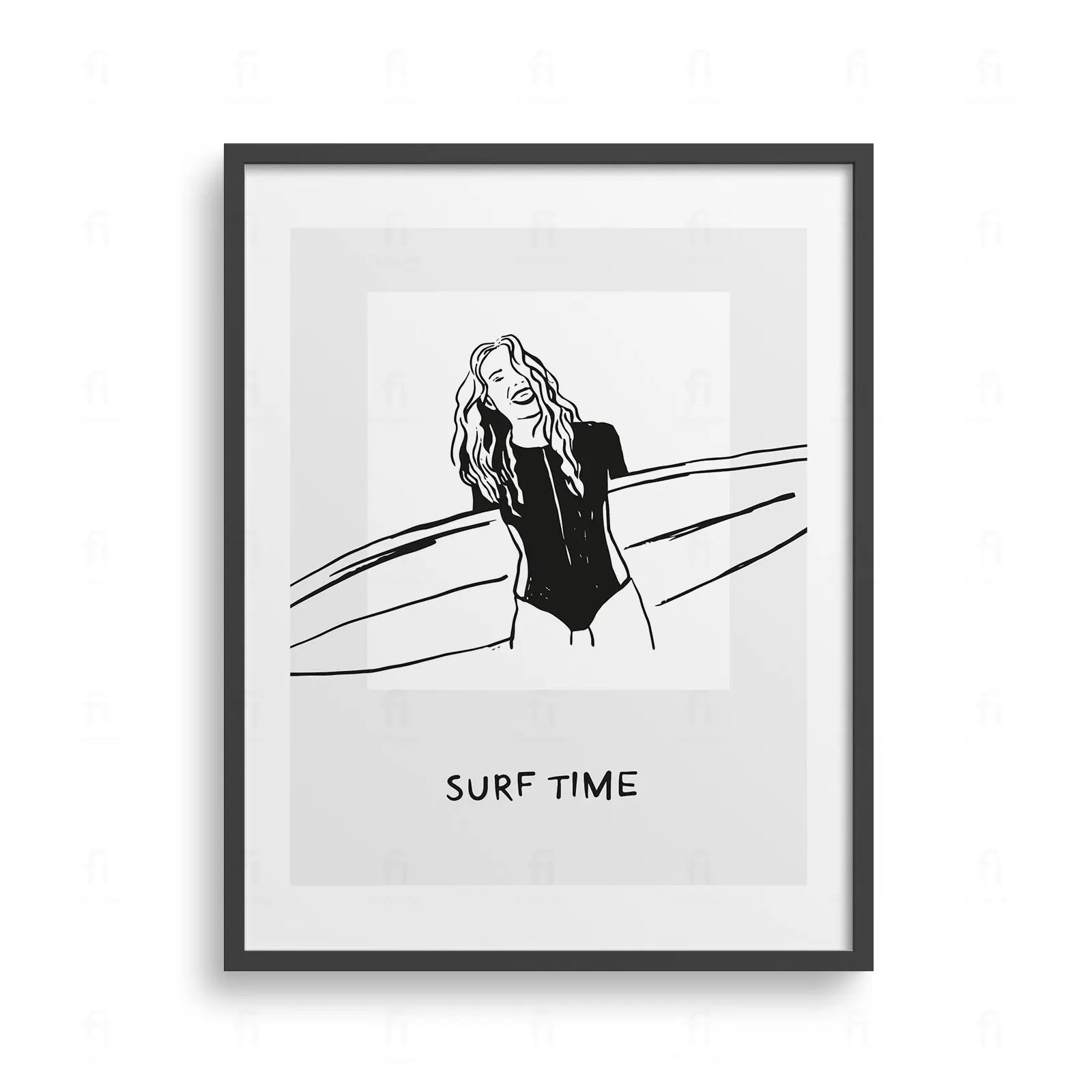 Plakat z radosną grafiką przedstawiającą uśmiechniętą kobietę z deską surfingową.