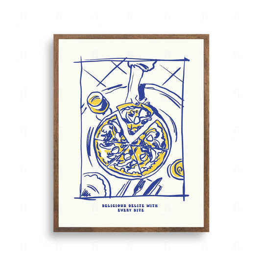 Plakat z apetyczną grafiką przedstawiającą kawałek pizzy w stylu włoskim.
