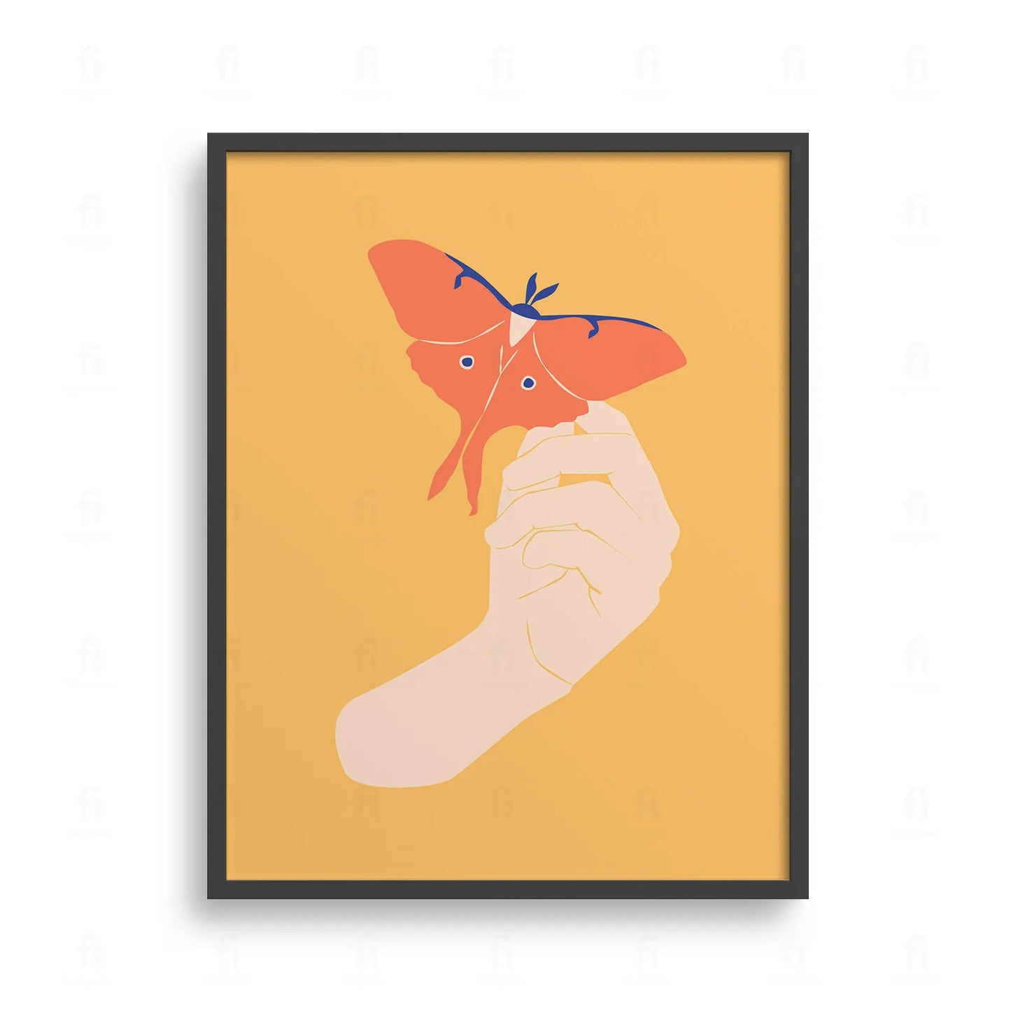 Plakat z symboliczną grafiką przedstawiającą ludzką rękę i dużą ćmę na żółtym tle 