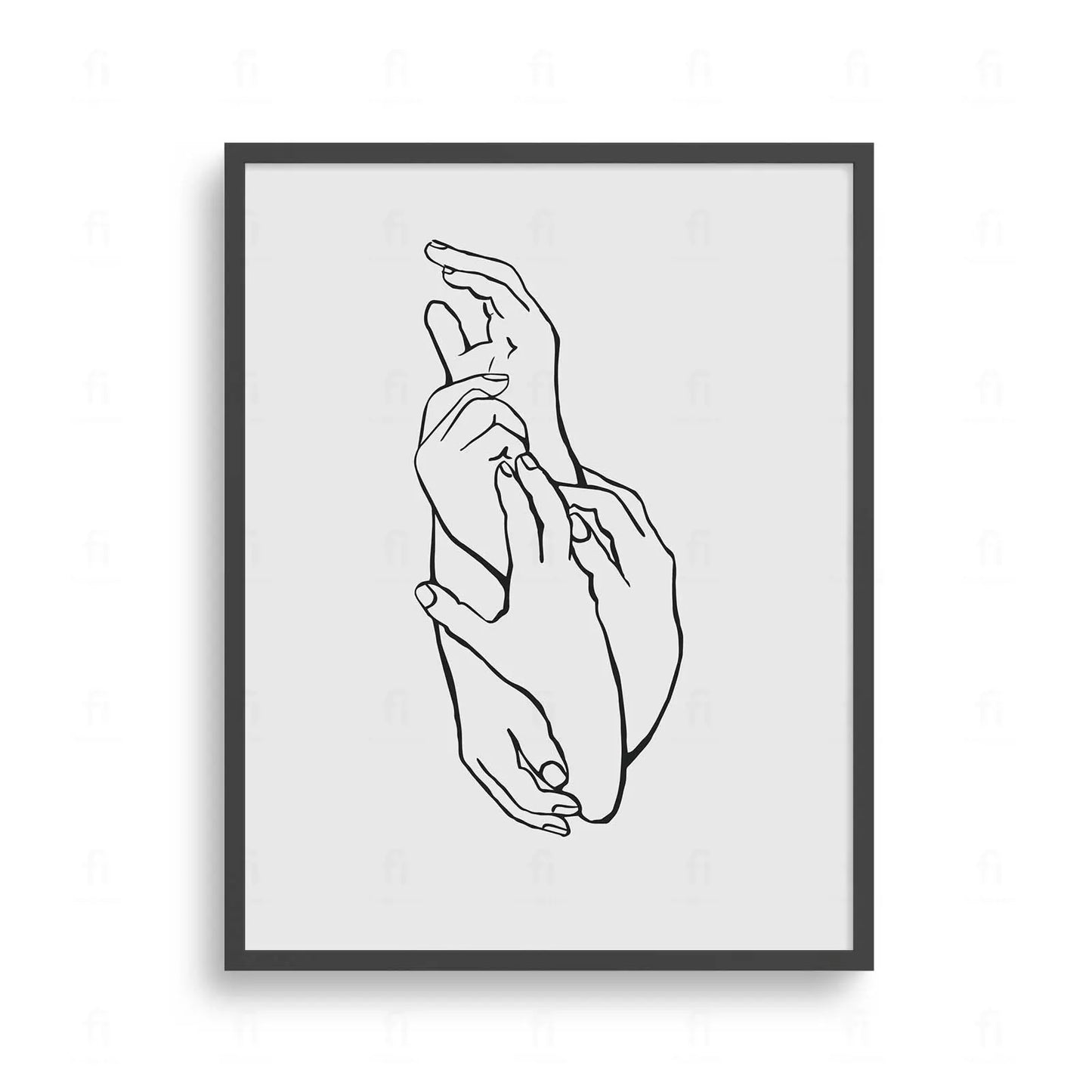 Plakat z czarno-białą grafiką line art przedstawiającą dwie dłonie w geście delikatnego dotyku.