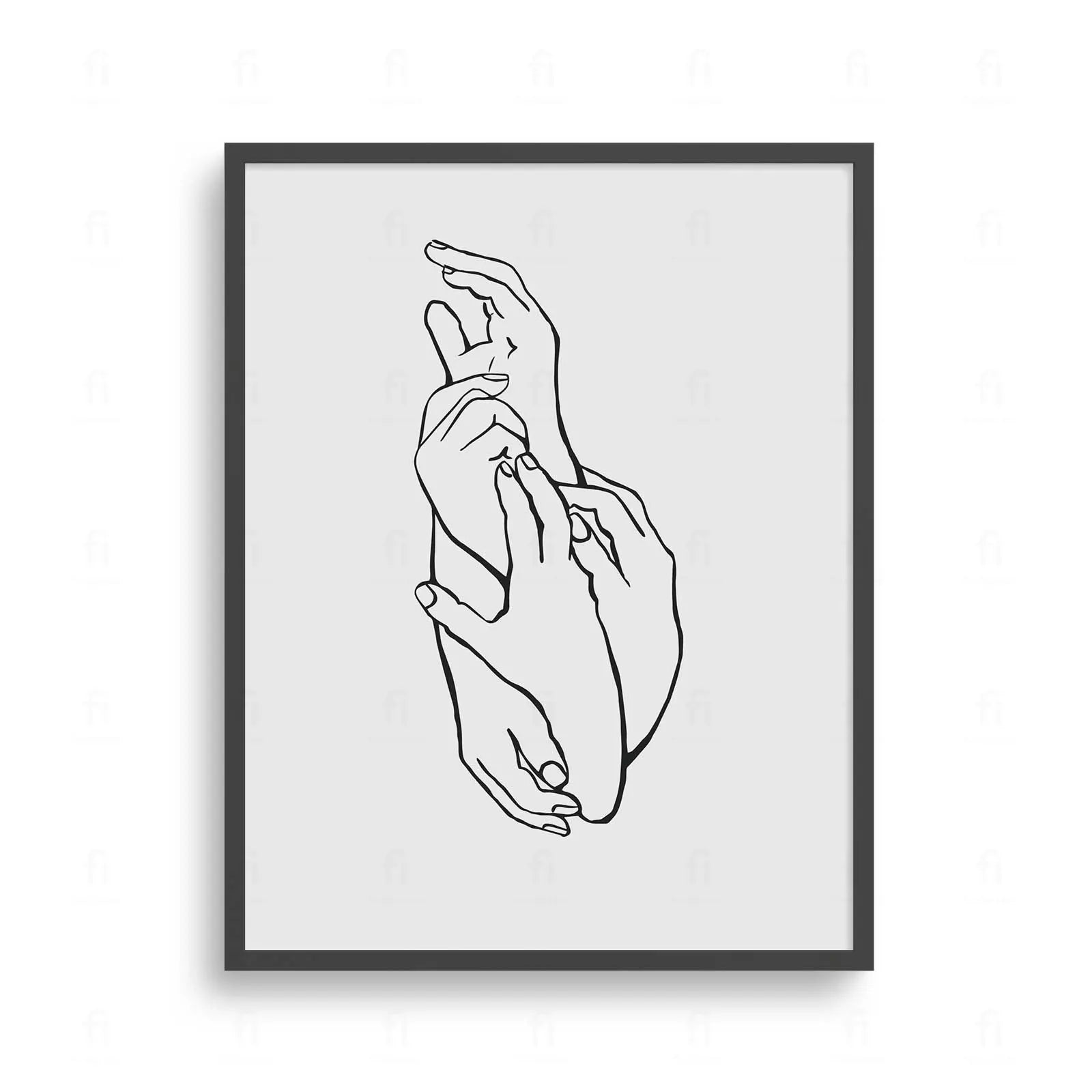 Plakat z czarno-białą grafiką line art przedstawiającą dwie dłonie w geście delikatnego dotyku.