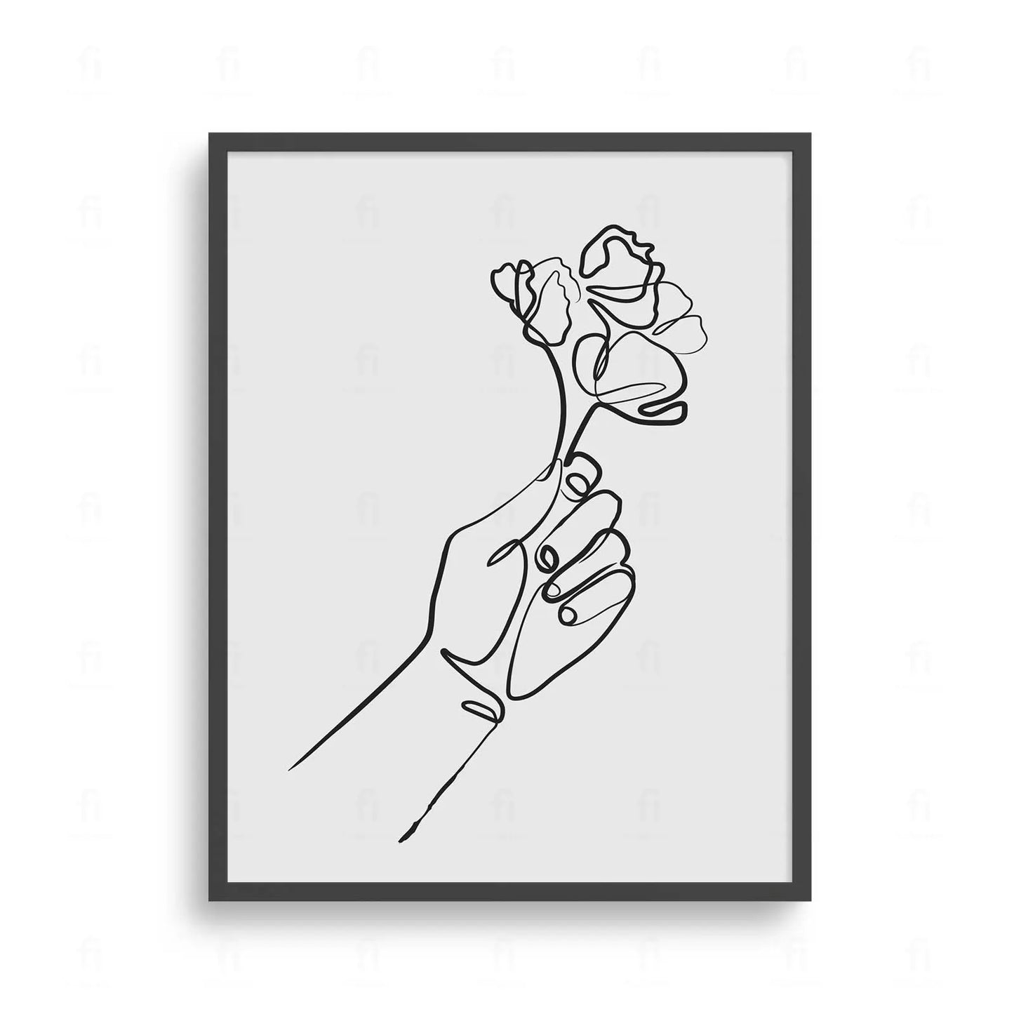 Minimalistyczny rysunek wykonany jedną linią, przedstawiający dłoń trzymającą kwiat.