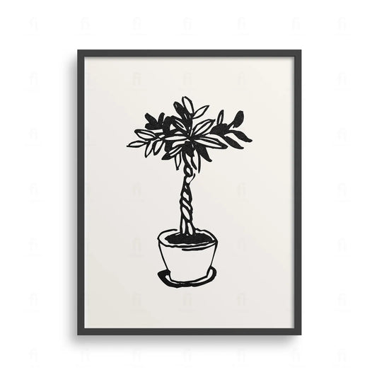  Plakat z czarno-białą grafiką przedstawiającą stylizowaną roślinę doniczkową w ozdobnym wazonie.