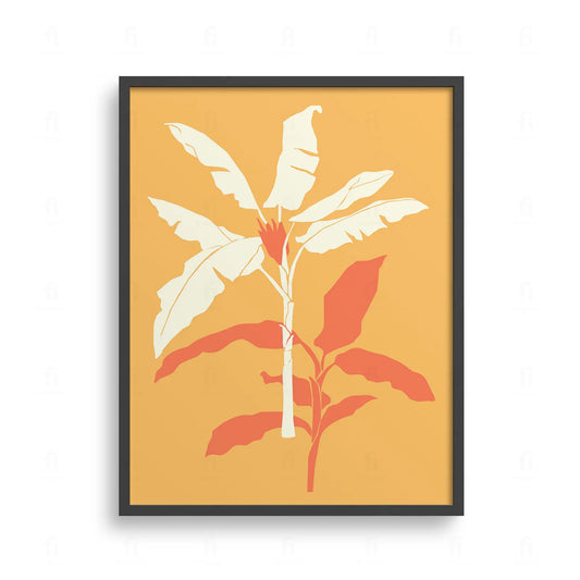 Plakat z grafiką botaniczną przedstawiającą drzewo bananowe z dużymi liśćmi.