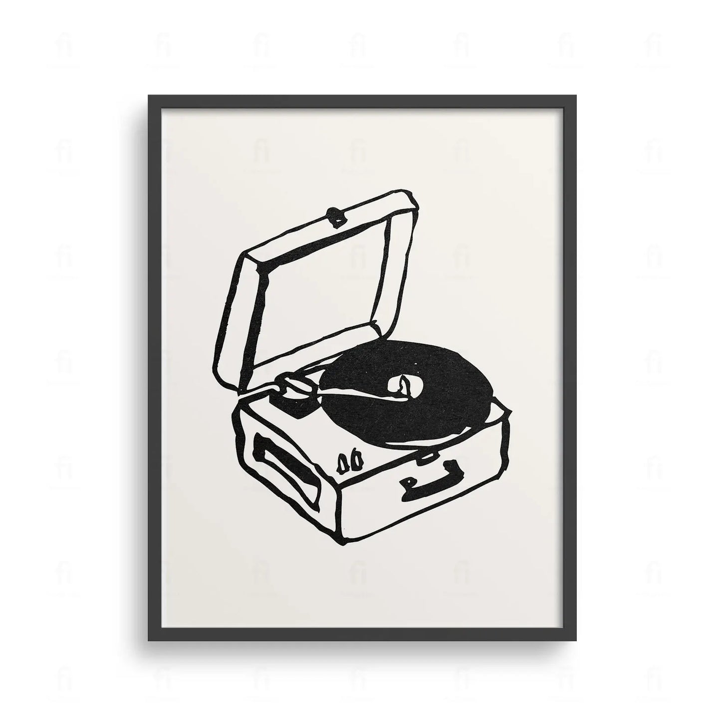 Plakat z czarno-białą grafiką przedstawiającą gramofon z płytą winylową w stylu retro.