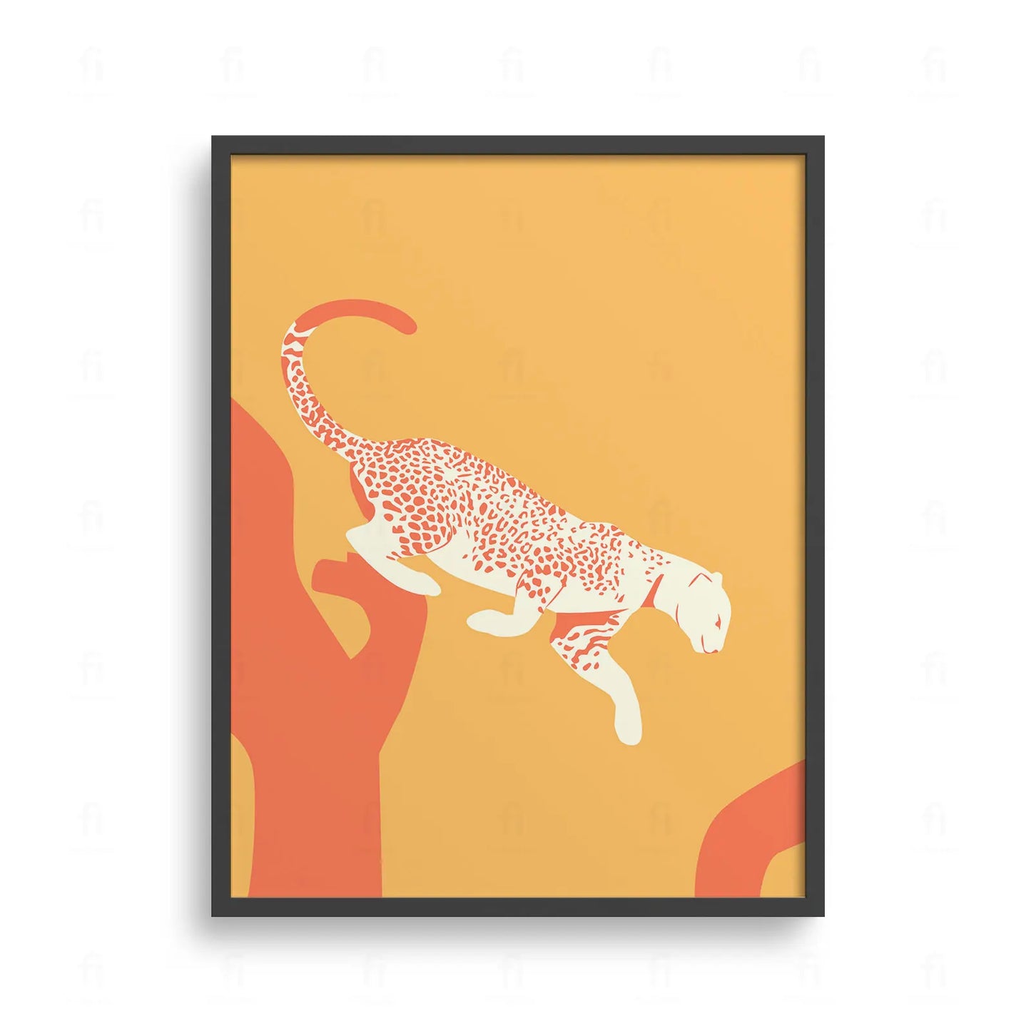 Plakat z artystyczną grafiką przedstawiającą lamparta na tle tropikalnych drzew i zachodzącego słońca.