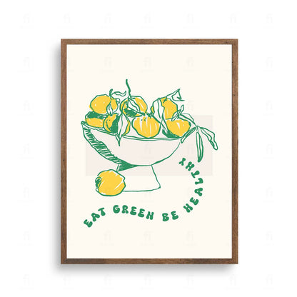  Plakat z grafiką typograficzną z napisem "Eat Green, Be Healthy" i motywem liści.
