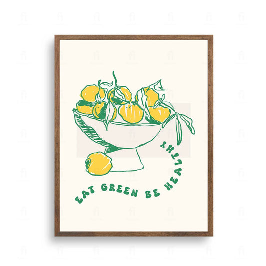  Plakat z grafiką typograficzną z napisem "Eat Green, Be Healthy" i motywem liści.
