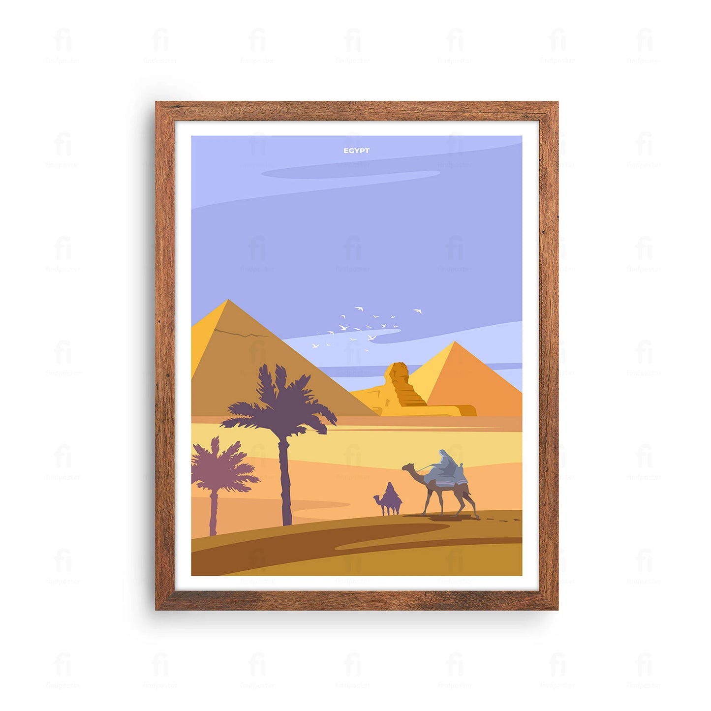 Plakat z artystyczną grafiką przedstawiającą piramidy i Sfinksa w Gizie, Egipt.
