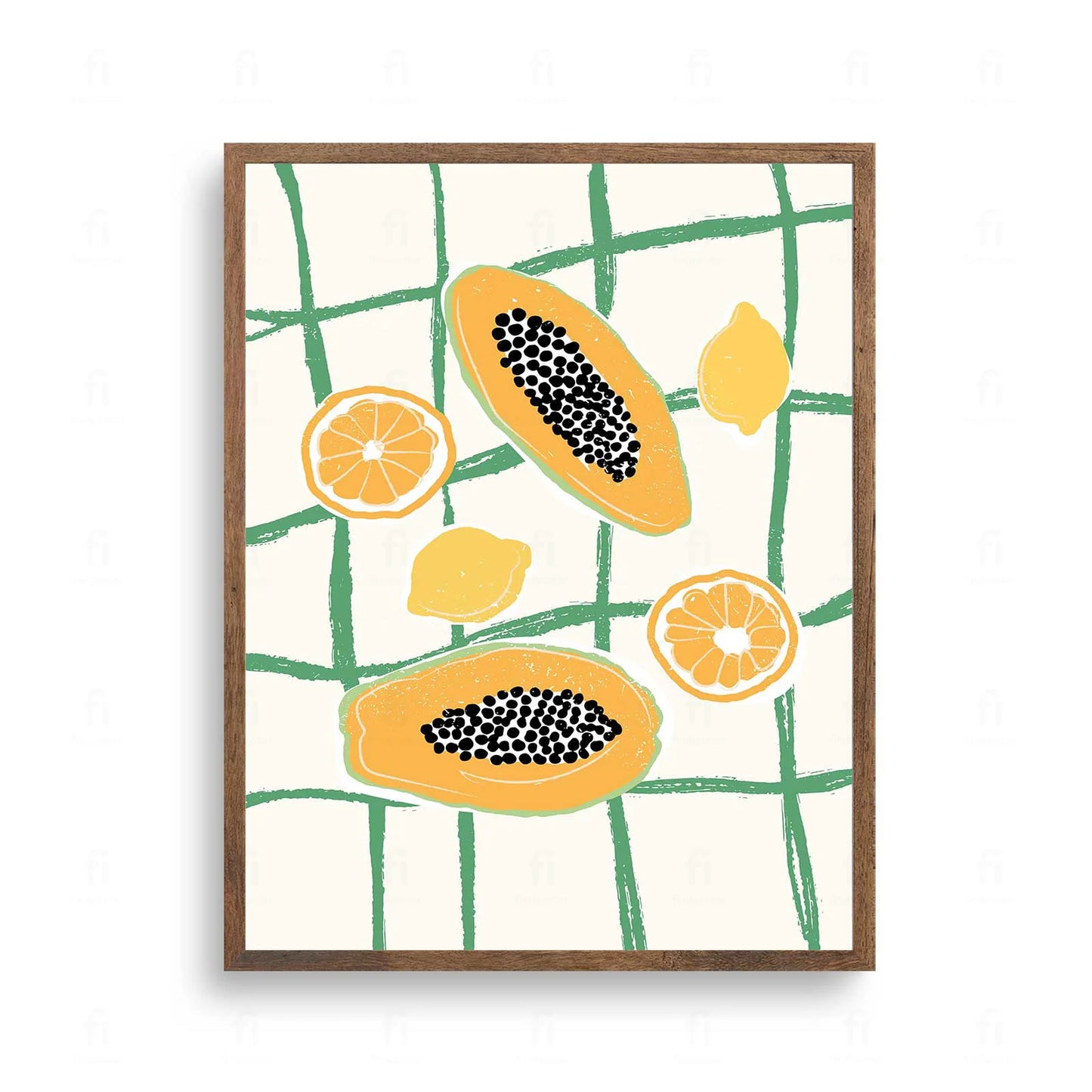 Plakat z artystyczną grafiką przedstawiającą kompozycję owoców egzotycznych.
