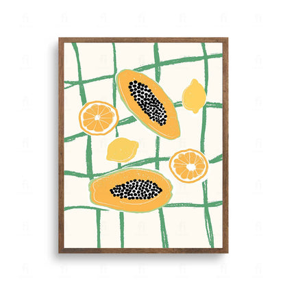 Plakat z artystyczną grafiką przedstawiającą kompozycję owoców egzotycznych.
