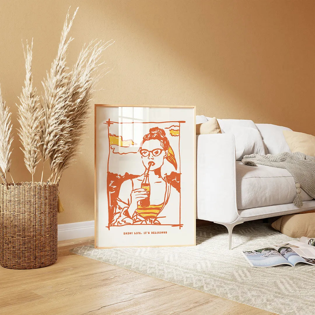 Plakat z motywującym napisem "Enjoy Life, It's Delicious" w stylu vintage 