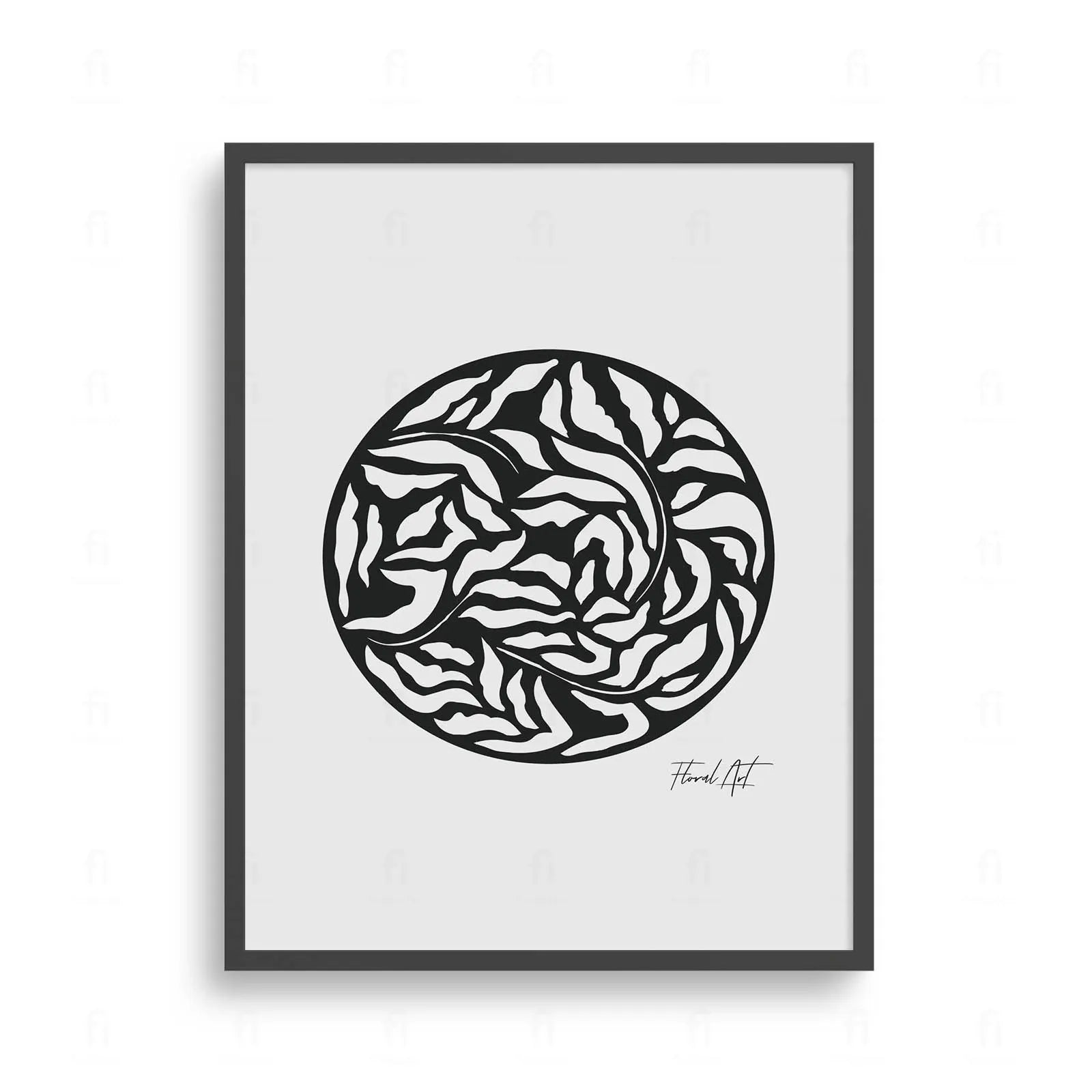 Plakat z czarno-białą, abstrakcyjną grafiką z motywami roślinnymi i kwiatowymi.
