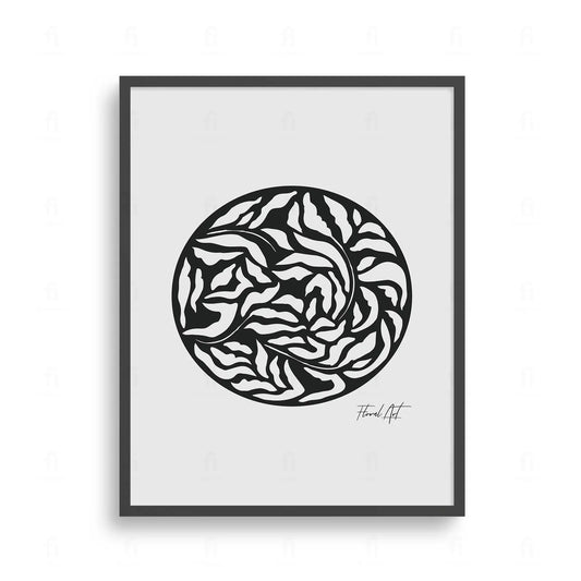 Plakat z czarno-białą, abstrakcyjną grafiką z motywami roślinnymi i kwiatowymi.
