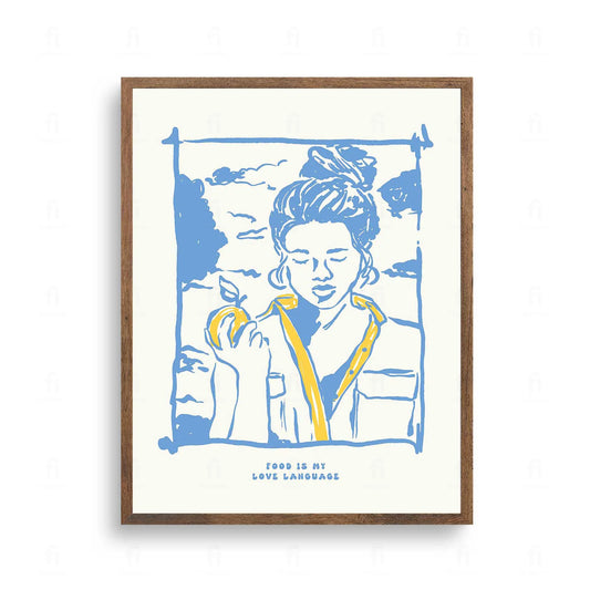 Plakat z zabawną, typograficzną grafiką z napisem "Food is My Love Language".

