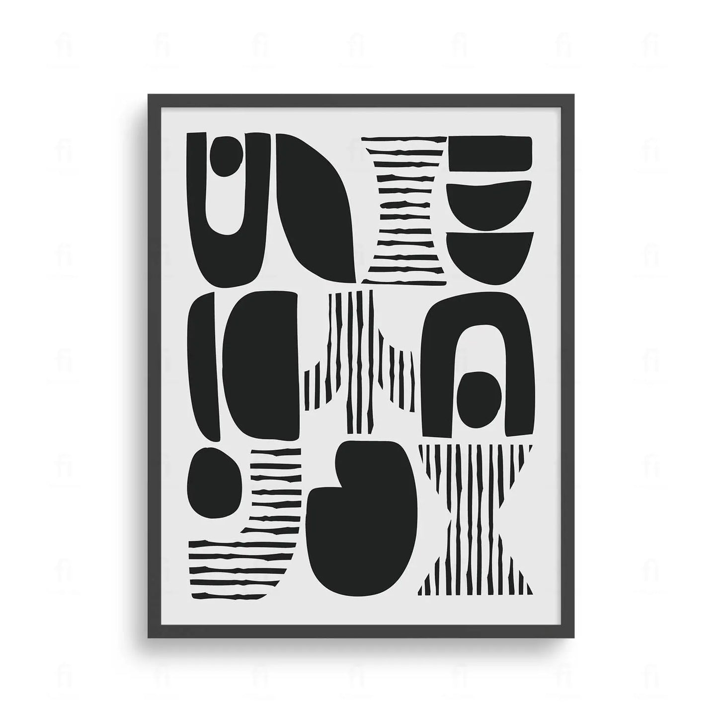 Plakat z czarno-białą, abstrakcyjną grafiką przedstawiającą kompozycję geometrycznych form i tekstur.
