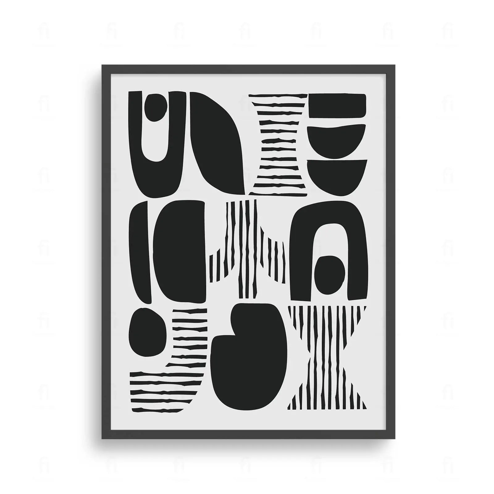 Plakat z czarno-białą, abstrakcyjną grafiką przedstawiającą kompozycję geometrycznych form i tekstur.
