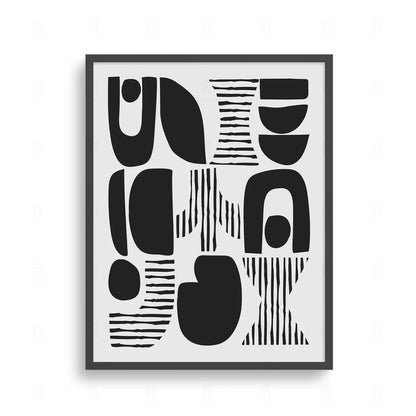 Plakat z czarno-białą, abstrakcyjną grafiką przedstawiającą kompozycję geometrycznych form i tekstur.
