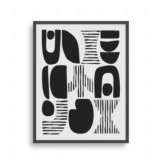 Plakat z czarno-białą, abstrakcyjną grafiką przedstawiającą kompozycję geometrycznych form i tekstur.
