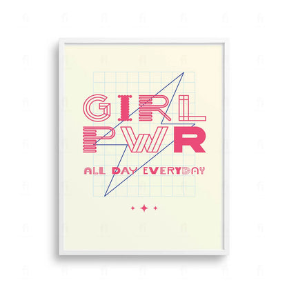 Plakat z energetyczną, kolorową grafiką i typografią z napisem "GIRL PWR".
