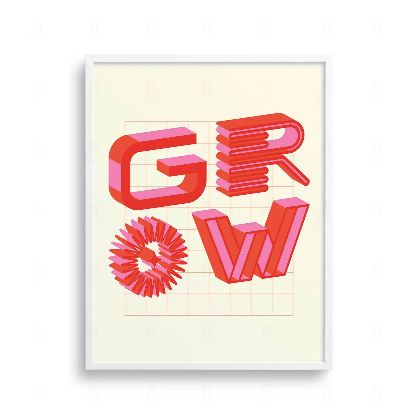 Plakat z dynamiczną, kolorową grafiką i typografią z napisem "GROW".
