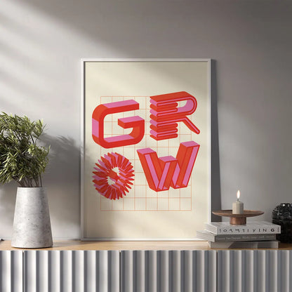 Plakat z dynamiczną, kolorową grafiką i typografią z napisem "GROW".
