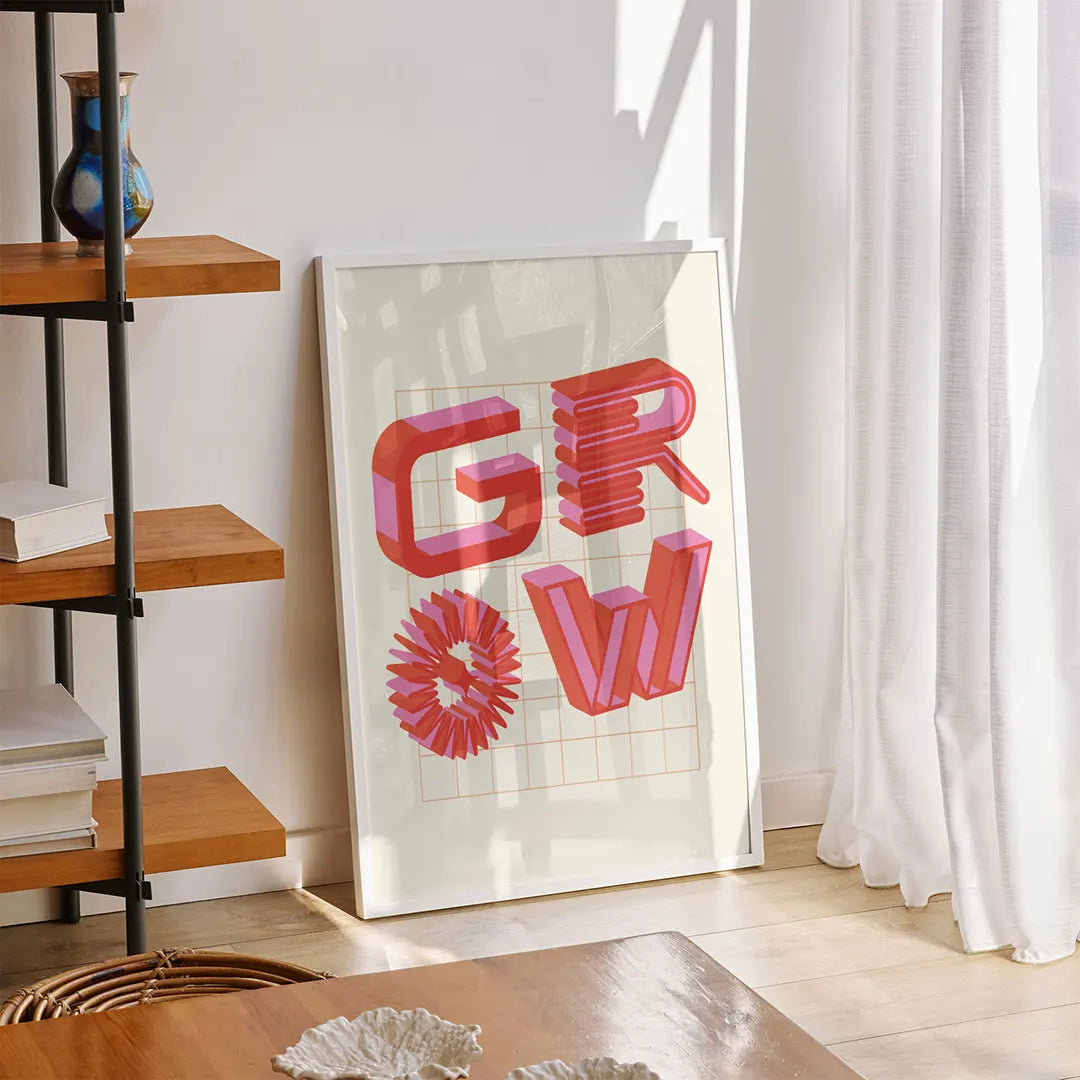 Plakat z dynamiczną, kolorową grafiką i typografią z napisem "GROW".
