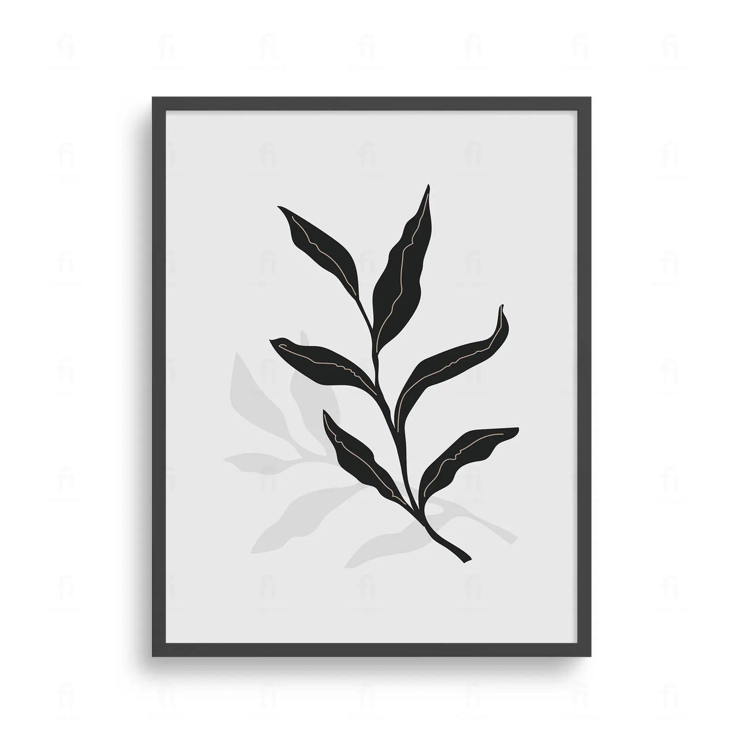 Plakat z czarno-białą, minimalistyczną grafiką przedstawiającą gałązkę z liśćmi i jej cień.