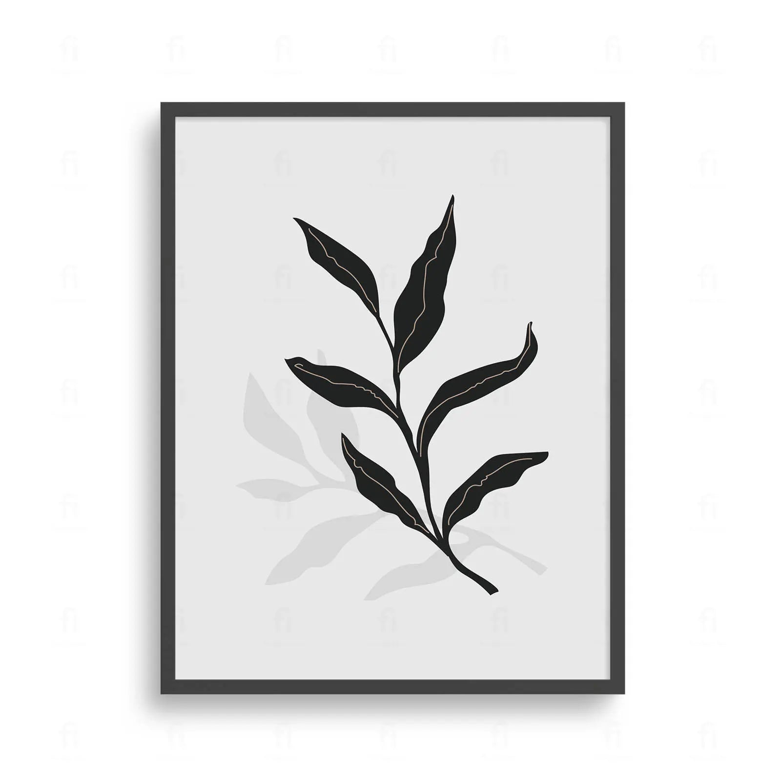 Plakat z czarno-białą, minimalistyczną grafiką przedstawiającą gałązkę z liśćmi i jej cień.