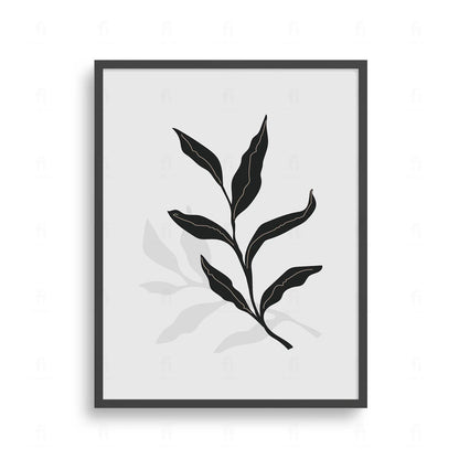 Plakat z czarno-białą, minimalistyczną grafiką przedstawiającą gałązkę z liśćmi i jej cień.