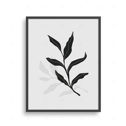 Plakat z czarno-białą, minimalistyczną grafiką przedstawiającą gałązkę z liśćmi i jej cień.