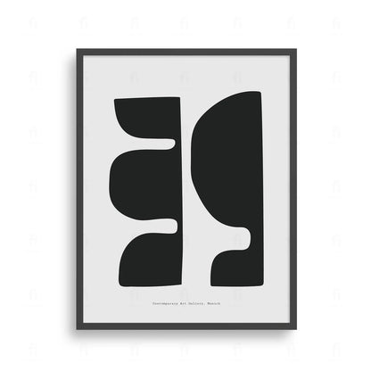  Plakat z czarno-białą, abstrakcyjną grafiką przedstawiającą kompozycję geometrycznych kształtów i form.
