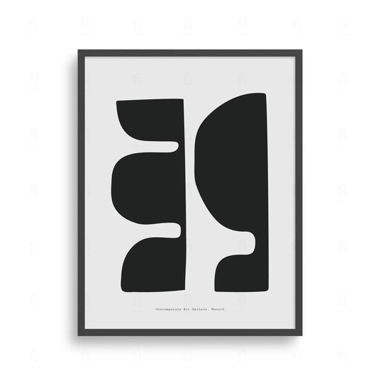  Plakat z czarno-białą, abstrakcyjną grafiką przedstawiającą kompozycję geometrycznych kształtów i form.
