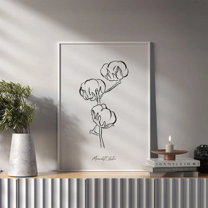 Plakat z czarno-białą grafiką line art przedstawiającą gałązkę bawełny.

