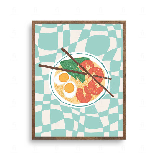  Plakat z apetyczną grafiką przedstawiającą miskę japońskiej zupy ramen z dodatkami.