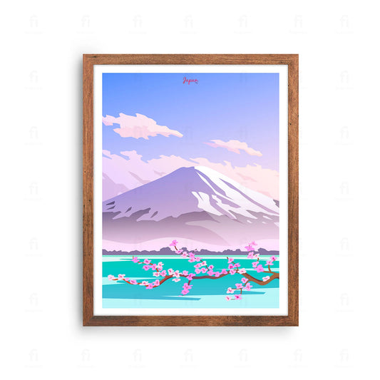 Plakat z artystyczną grafiką w stylu japońskim, przedstawiającą górę Fuji.
