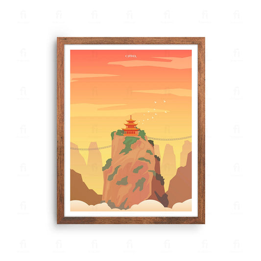 Plakat z artystyczną grafiką przedstawiającą malowniczy, górzysty pejzaż z góry Huangshan w Chinach.
