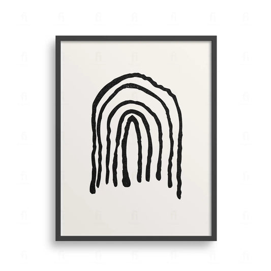 Plakat z abstrakcyjną, czarno-białą grafiką przedstawiającą stylizowaną tęczę w stylu boho.